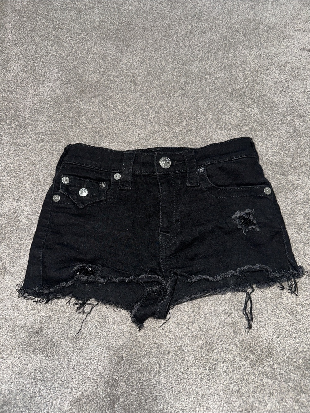 True Religion Black Distressed Denim Cutoff Shorts